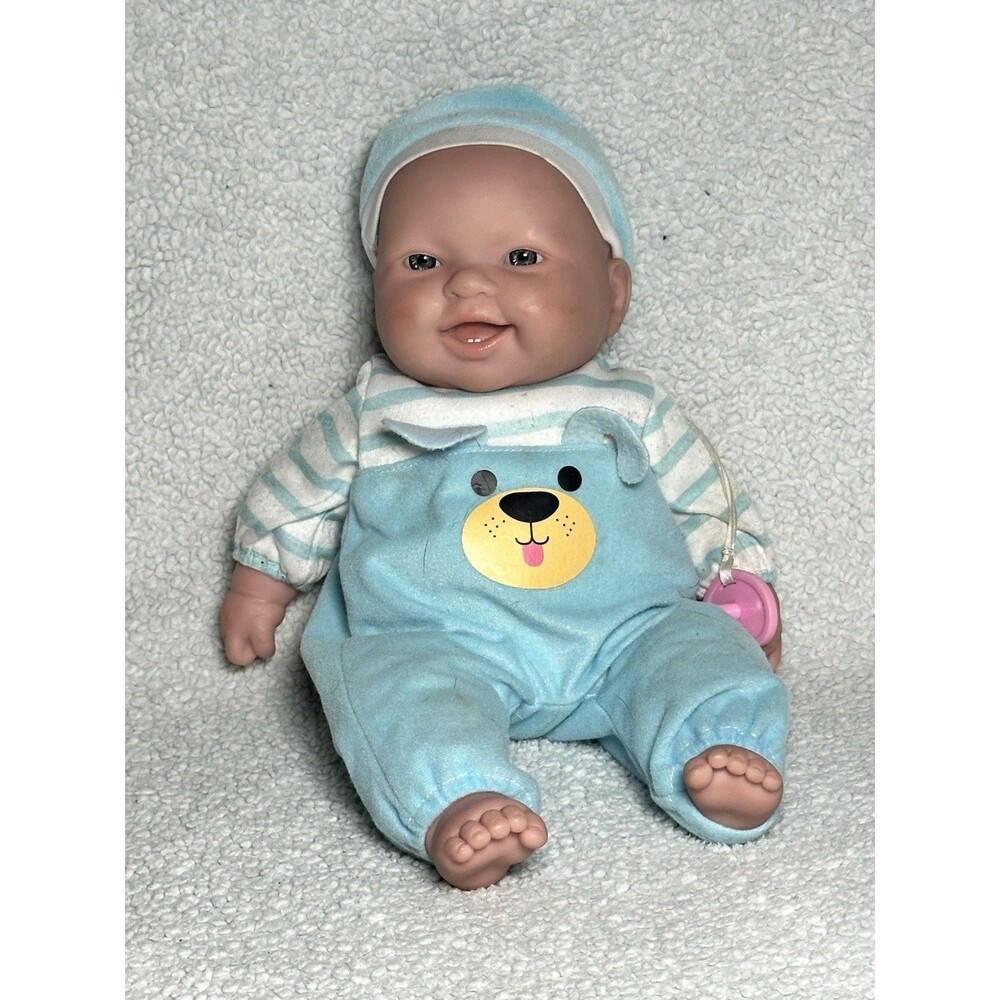 JC Toys Berenguer Baby Boy Doll Pacifier Blue Puppy Outfit Soft Cloth Body 14"